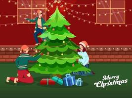 tekenfilm kinderen versierd Kerstmis boom met verlichting slinger Aan rood en groen achtergrond voor vrolijk Kerstmis viering. vector