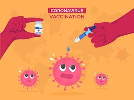 menselijk vechten tegen coronavirus met vaccin injectiespuit Aan wereldwijd oranje achtergrond voor hou op covid19. vector