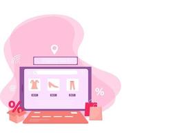 online boodschappen doen van tablet met betaling kaart, korting doos en dragen Tassen Aan roze abstract achtergrond. vector