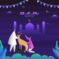 eid-al-adha mubarak poster ontwerp met moslim mannen Holding een tekenfilm geit en silhouet moskee Aan Purper nacht achtergrond. vector