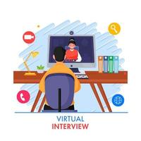 terug visie van zakenman hebben video roeping van vrouw in computer voor virtueel interview concept. vector