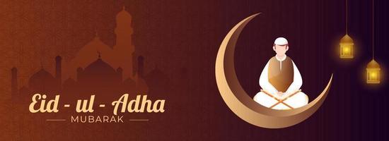 eid-ul-adha mubarak concept met 3d halve maan maan, hangende verlichte lantaarns en moslim Mens lezing koran Aan bruin en Purper Islamitisch patroon achtergrond. vector