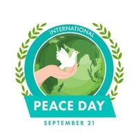 21e september, Internationale vrede dag concept met menselijk hand- Holding duif, olijf- bladeren en aarde wereldbol Aan wit achtergrond. vector