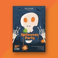 halloween partij uitnodiging of folder ontwerp met schedel, skelet handen Aan blauw begraafplaats Woud achtergrond. vector