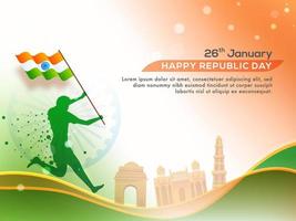 26e januari republiek dag poster ontwerp met spreiding silhouet Mens Holding Indisch vlag en beroemd monument Aan glanzend driekleur achtergrond. vector