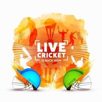 realistisch twee helm van deelnemers team met silhouet cricketers en oranje waterverf borstel effect Aan wit achtergrond. leven krekel is terug nu. vector