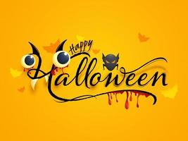 gelukkig halloween doopvont met oogbollen, tanden, bloed druppelen en vleermuizen Aan geel achtergrond. vector