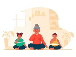 illustratie van jong meisje met kinderen aan het doen yoga afwisselend neusgat ademen in zittend houding Bij huis. vector