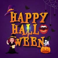 gelukkig halloween tekst met monster mond, tekenfilm geest, jack-o-lantaarns, hand- Holding magie toverstaf en vrolijk heks Aan Purper achtergrond. vector