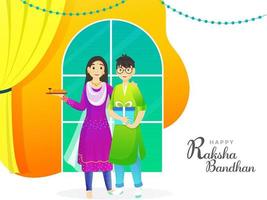smiley broer en zus vieren raksha bandhan festival Aan abstract venster achtergrond. vector