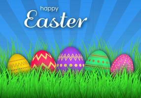 kleurrijk Pasen eieren Aan groen gras en opschrift gelukkig Pasen. natuur achtergrond sjabloon. groet kaart. vector illustratie