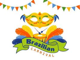braziliaans carnaval tekst met partij masker, trommel en kleurrijk veer versierd Aan wit achtergrond. vector