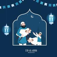 vrolijk moslim Mens geven tekenfilm schapen naar jongen met hangende lantaarns Aan nacht tafereel blauw achtergrond voor eid-al-adha mubarak. vector
