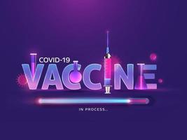 covid-19 vaccin vooruitgang bar met realistisch injectiespuit injectie en test buizen Aan paars achtergrond. vector