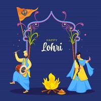 gelukkig lohri viering achtergrond met Sikh paar aan het doen bhangra dans en vreugdevuur illustratie. vector