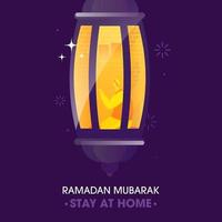 blijven Bij huis Aan Ramadan mubarak festival en moslim Mens aanbieden namaz in Arabisch lantaarn. vector