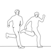 mannen rennen net zo snel net zo ze kan - een lijn tekening vector. concept vrienden zijn in een haast je of concurrenten atleten inhalen elk andere vector