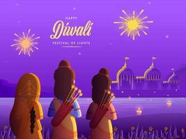 terug visie van heer rama met zijn vrouw sita en broer laks man Aan decoratief ayodhya achtergrond voor gelukkig diwali viering. vector