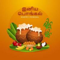 gelukkig pongal tekst geschreven tamil taal met rijst- modder potten, laddu schaal, fruit, banaan bladeren, suikerstok Aan oranje achtergrond. vector
