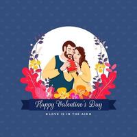 minnaar paar Holding een rood hart met bloemen Aan blauw achtergrond voor gelukkig Valentijnsdag dag, liefde is in de lucht concept. vector