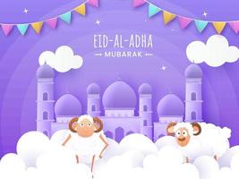 eid-al-adha mubarak viering achtergrond versierd met papier besnoeiing wolken, moskee, twee tekenfilm schapen illustratie. vector