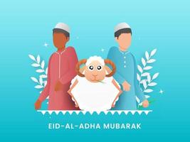 tekenfilm karakter van moslim jong jongens met schapen en wit bladeren Aan lucht blauw achtergrond voor eid-al-adha mubarak viering. vector