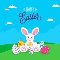 schattig konijn Holding kuiken vogel met gedrukt eieren Aan blauw en groen achtergrond voor gelukkig Pasen viering concept. vector