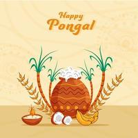 vector illustratie van pongali rijst- in modder pot met fruit, tarwe oor, suikerstok, lit olie lamp Aan geel mandala patroon achtergrond voor pongal viering.