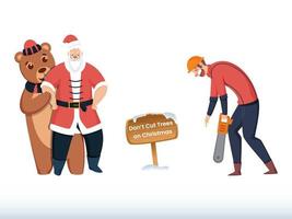 niet doen besnoeiing bomen Aan Kerstmis bericht bord met de kerstman claus, tekenfilm beer en vrolijk Mens Holding kettingzaag Aan wit achtergrond. vector