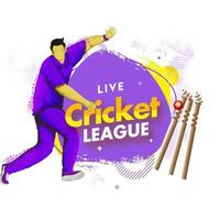 leven krekel liga poster ontwerp met lawaai effect tekenfilm bowler en realistisch bal raken wicket stronken Aan abstract achtergrond. vector