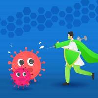 superman of dokter strijd tegen coronavirus gebruik makend van vaccin injectiespuit met veiligheid schild Aan blauw achtergrond. vector