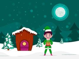 vrolijk elf karakter Holding een geschenk doos met sneeuw gedekt huis Aan vol maan winter landschap achtergrond voor vrolijk kerstmis. vector