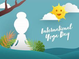 Internationale yoga dag concept met silhouet van meisje zittend in meditatie houding, tropisch bladeren en tekenfilm vrolijk zon Aan turkoois achtergrond. vector