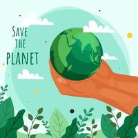 opslaan de planeet concept met menselijk handen Holding aarde wereldbol en bladeren versierd Aan licht groen achtergrond. vector