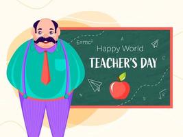 gelukkig wereld leraar dag tekst Aan groen schoolbord met tekenfilm Mens karakter. vector