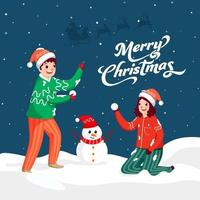 vrolijk Kerstmis doopvont met vrolijk kinderen Holding sneeuwbal, tekenfilm sneeuwman Aan sneeuw vallend blauw achtergrond. vector