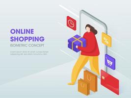 online boodschappen doen of snel levering concept, isometrische illustratie van vrouw Holding een pakket in smartphone met percentage symbool, tijdopnemer, karretje, betaling kaart en dragen Tassen. vector