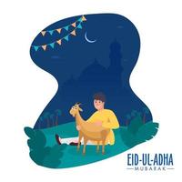 eid-ul-adha mubarak poster ontwerp met geluk moslim jongen Holding een geit en blauw silhouet moskee Aan abstract natuur nacht visie achtergrond. vector