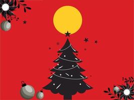 vector illustratie van Kerstmis boom met kerstballen, kerstster bloemen en vol maan Aan rood achtergrond.