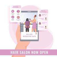 vrouw haar- salon nu Open reclame van smartphone met preventief meting en maken afspraak Aan wit en roze achtergrond. vector