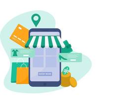 online boodschappen doen app in smartphone met plaats pin, portemonnee, betaling kaart, dragen Tassen en munten voor reclame concept. vector