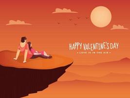 terug visie van jong liefhebbend paar zitten Aan oranje zonneschijn landschap achtergrond voor gelukkig Valentijnsdag dag, liefde is in de lucht concept. vector