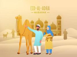moslim mensen karakter met tekenfilm kameel en geit in voorkant van moskee Aan woestijn achtergrond voor eid-al-adha mubarak viering. vector