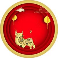papier laag besnoeiing cirkel achtergrond versierd met hangende traditioneel lantaarns, wolken en gouden Chinese dierenriem os teken. vector