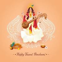 mooi godin saraswati beeldhouwwerk met religie aanbieden en lijn kunst bloemen Aan pastel oranje achtergrond voor gelukkig vasant panchami. vector