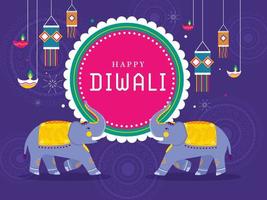 gelukkig diwali viering poster ontwerp met tekenfilm twee olifanten, hangende lantaarns en lit olie lampen versierd Aan blauw mandala patroon achtergrond. vector