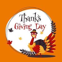 dankzegging dag poster ontwerp met tekenfilm kalkoen vogel vervelend pelgrim hoed en herfst bladeren Aan oranje en wit achtergrond. vector