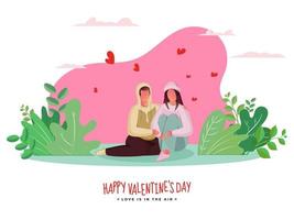 tekenfilm minnaar paar zittend samen met harten en groen bladeren Aan roze en wit achtergrond voor gelukkig Valentijnsdag dag, liefde is in de lucht concept. vector