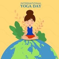 Internationale yoga dag concept met mooi meisje meditatie zittend Aan eco wereldbol geel achtergrond. vector