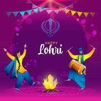 geluk Punjabi Mens en vrouw aan het doen bhangra dans met dhol instrument, vreugdevuur illustratie Aan Purper achtergrond voor gelukkig lohri viering. vector